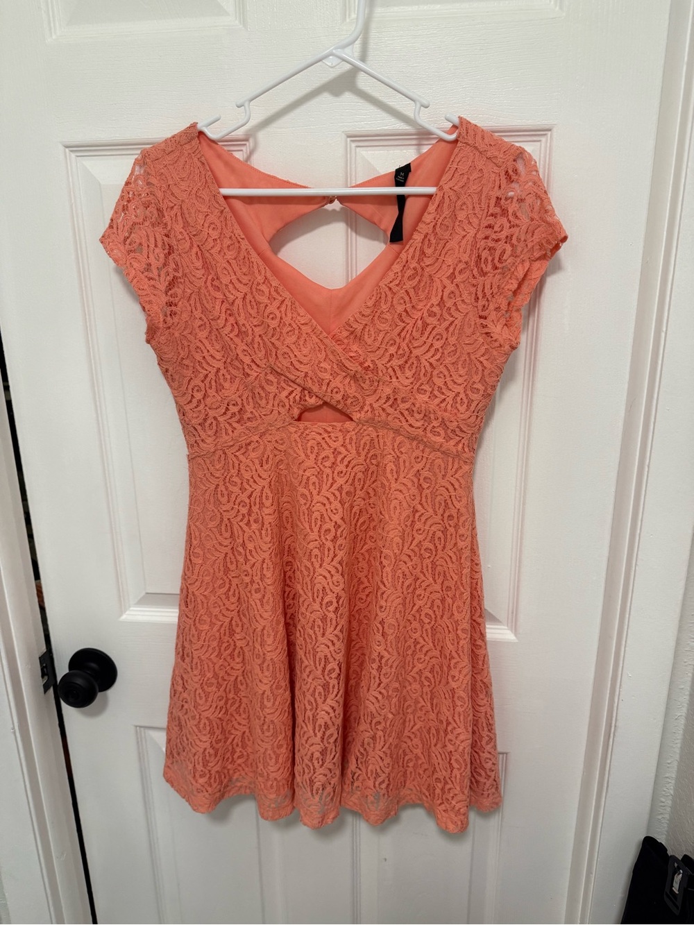 Peachy/Coral Lace Fit & Flare Mini Dress